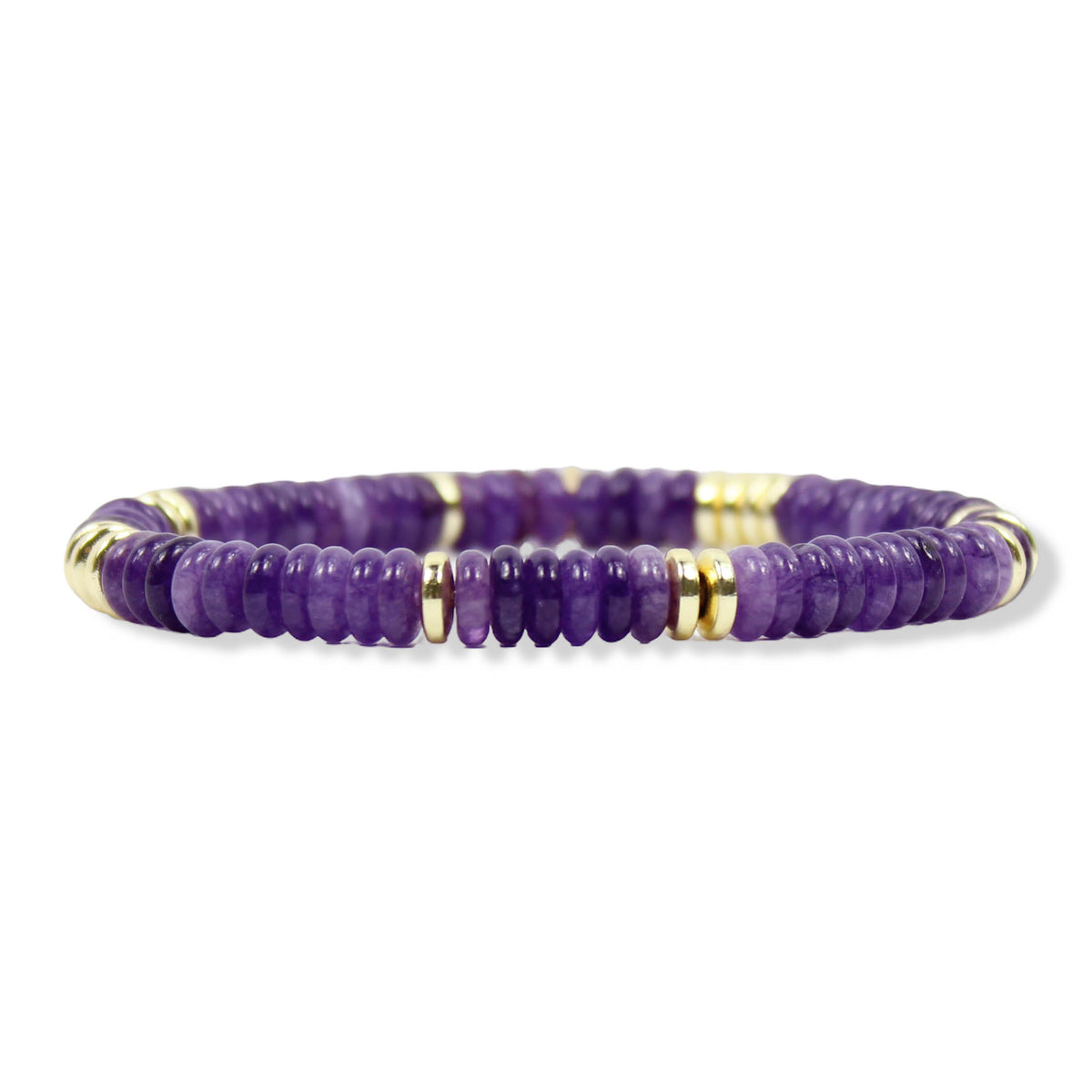 Annie Purple Slice Stretch Bracelet featuring purple disc beads and gold accents by Bourbon and Boweties.