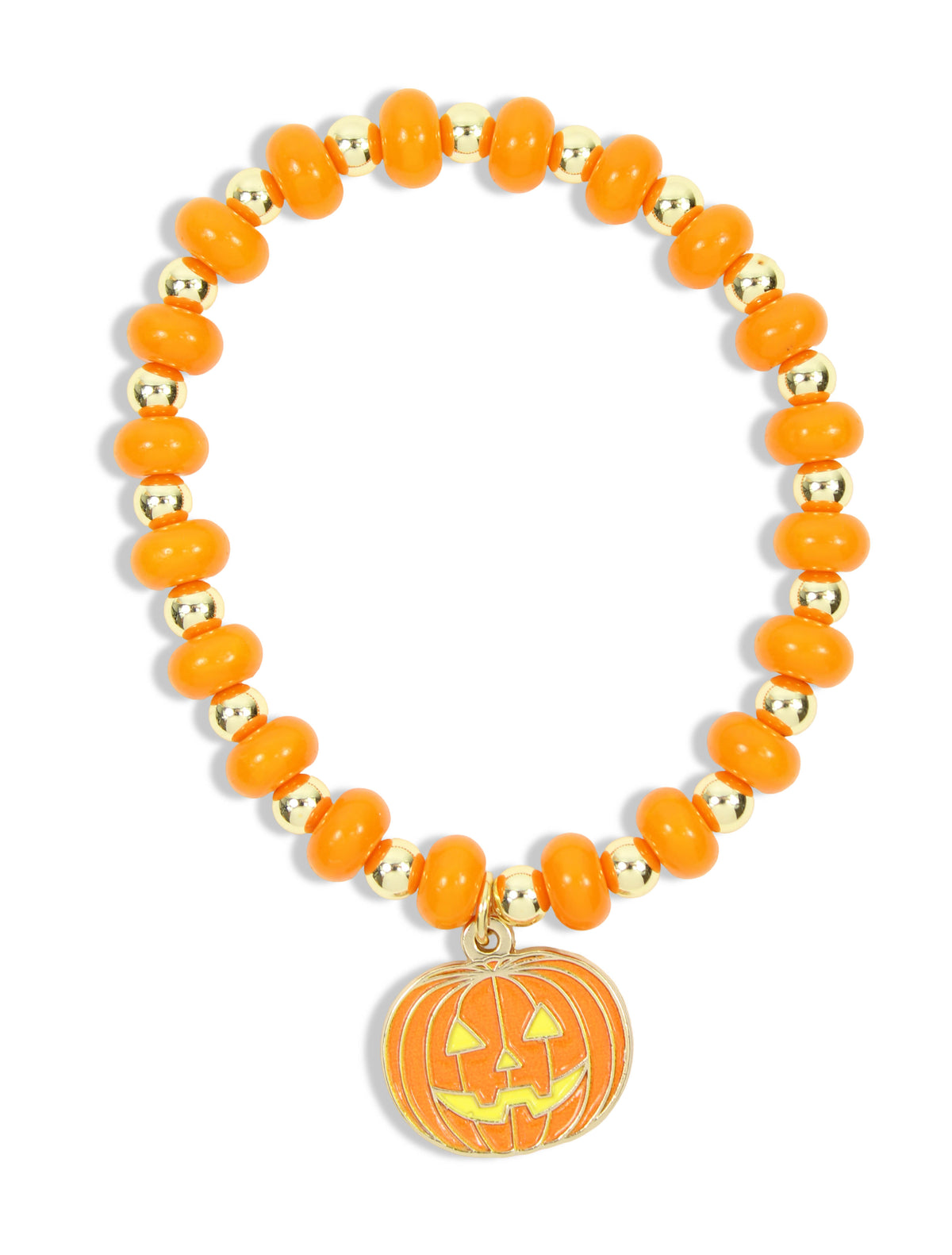 An orange beaded stretch bracelet with gold-toned spacer beads and a pumpkin face charm, shown on a plain white background.