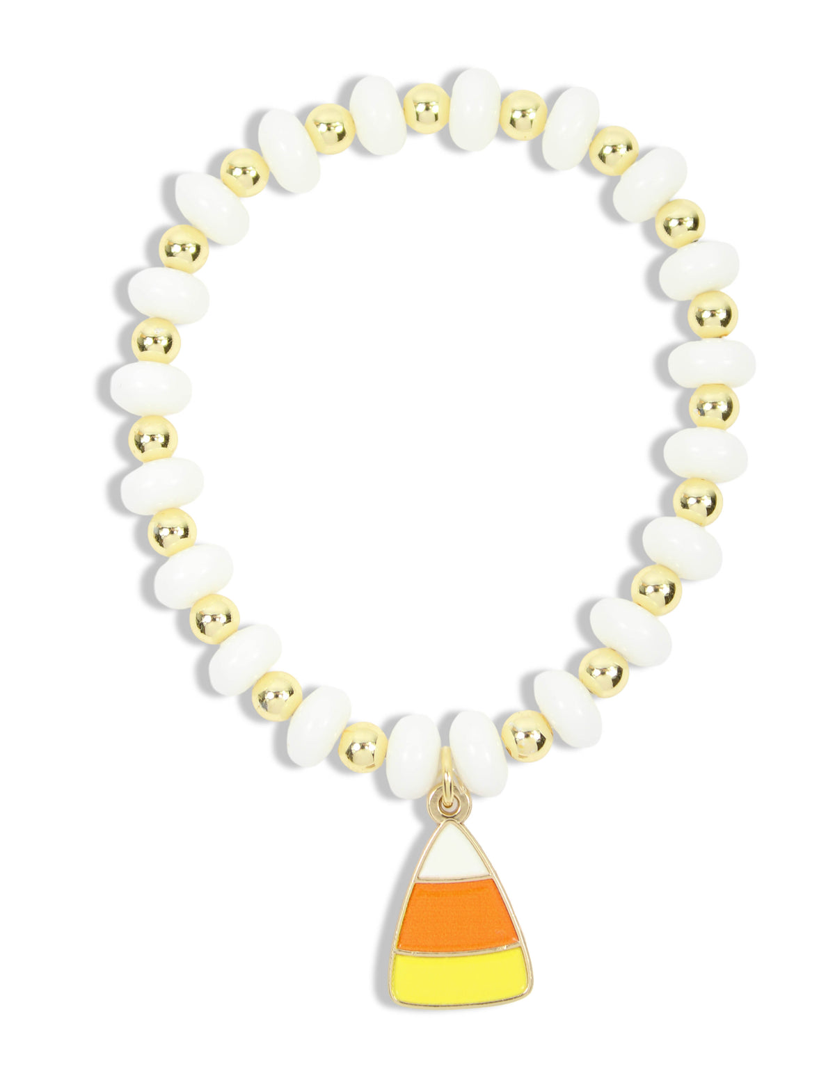 White beaded stretch bracelet with gold accents and candy corn charm