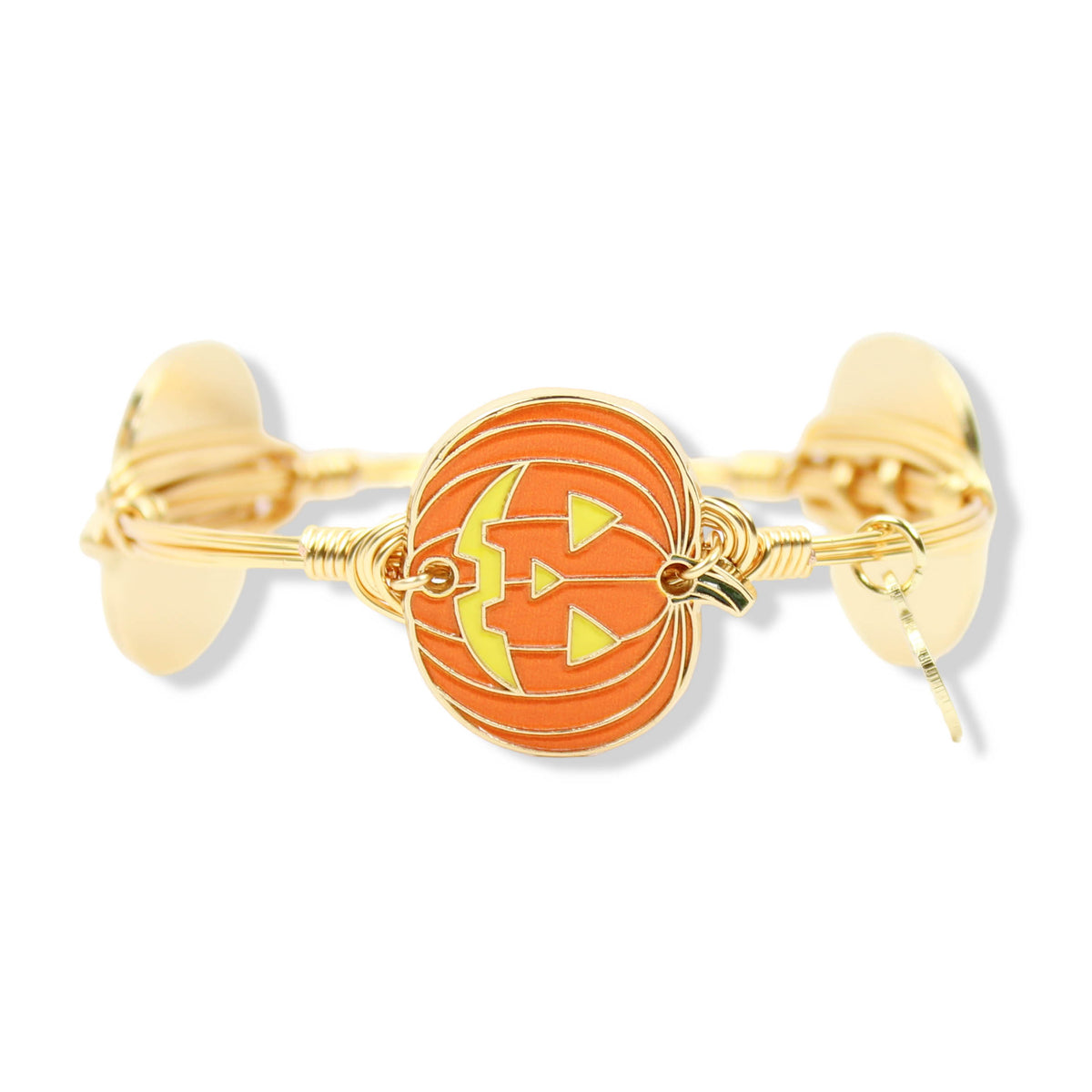 Orange jack-o-lantern pumpkin gold wire wrapped bangle bracelet