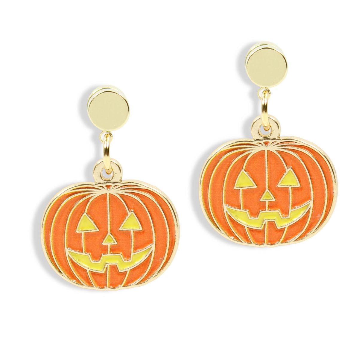 A pair of gold-plated pumpkin drop earrings with orange and yellow enamel detailing, shown on a clean white background.