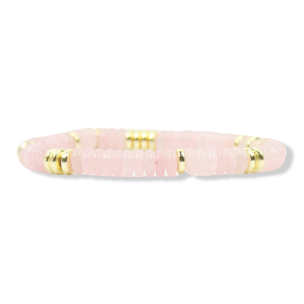 Annie Rosewater Pink Stretch Bracelet featuring soft pink disc beads and gold accents by Bourbon and Boweties.