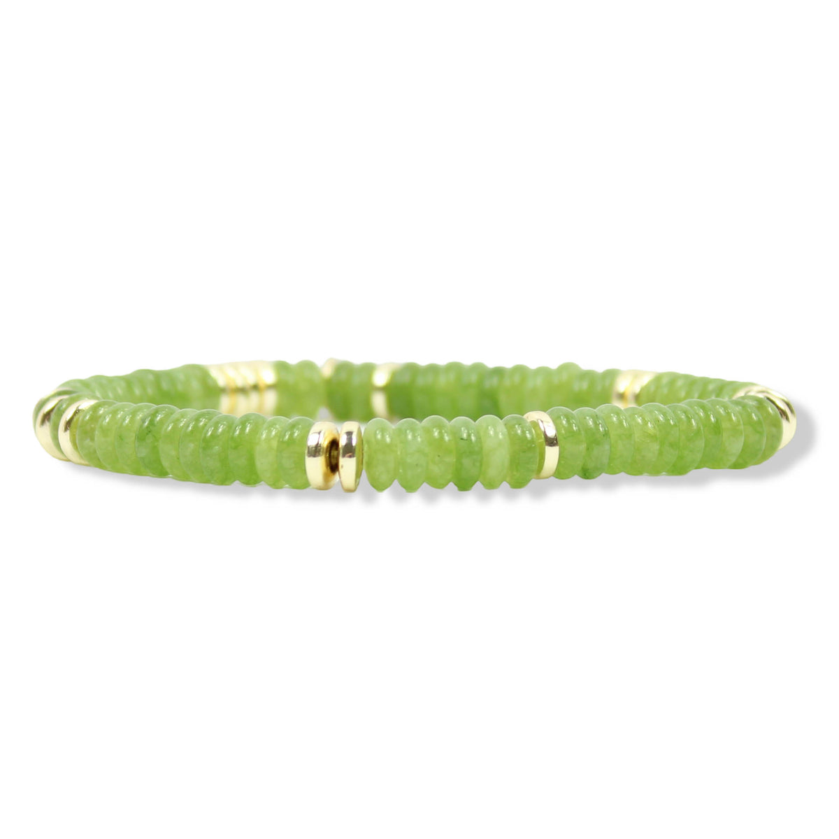 Annie Peridot Green Stretch Bracelet featuring green disc beads and gold accents by Bourbon and Boweties.