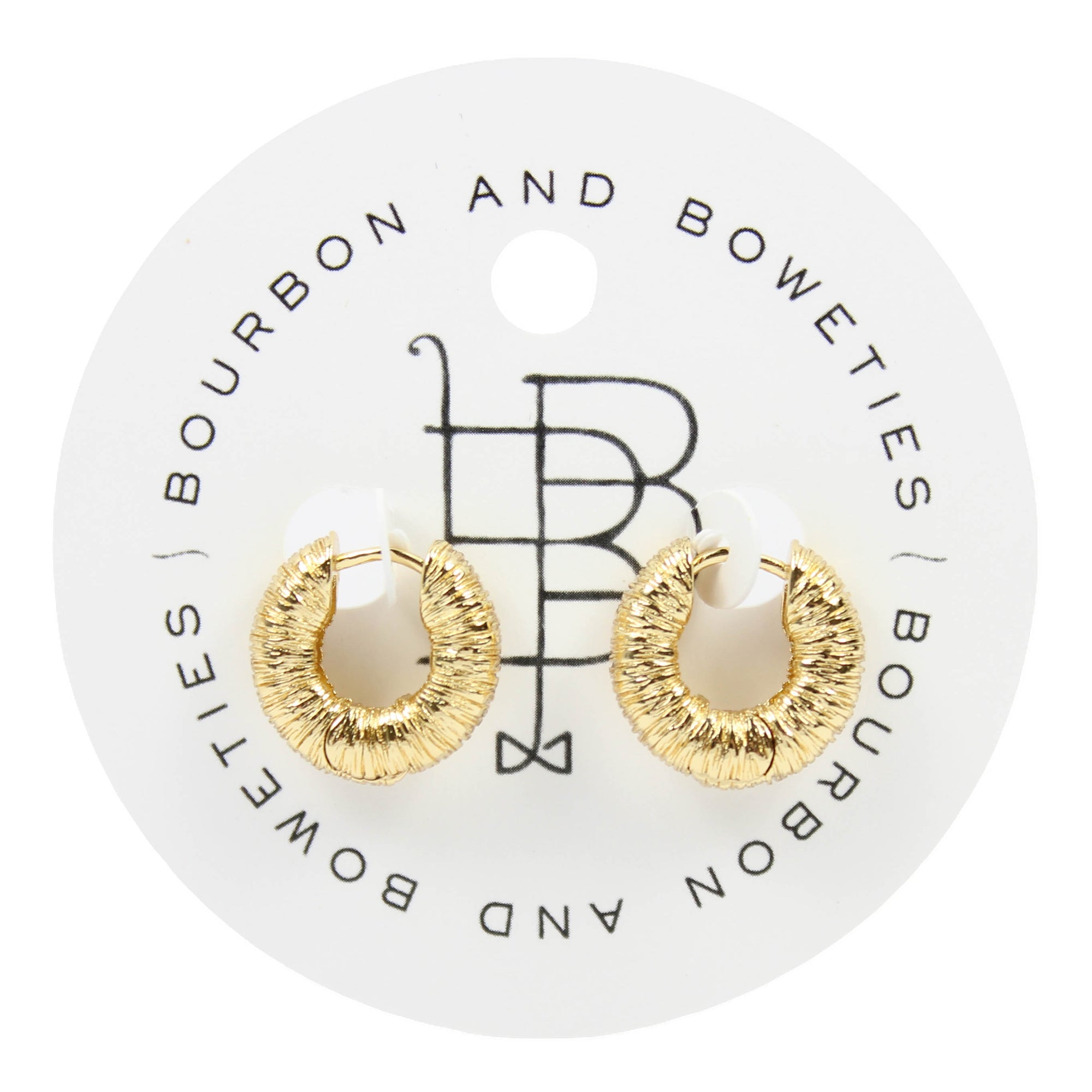Harper Gold Huggie Earrings featuring chunky gold-tone hoops with a textured, crinkled finish by Bourbon and Boweties.