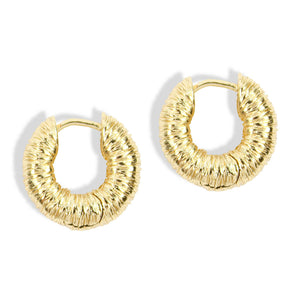 Haper Gold Huggie Earrings featuring chunky gold-tone hoops with a textured, crinkled finish by Bourbon and Boweties.