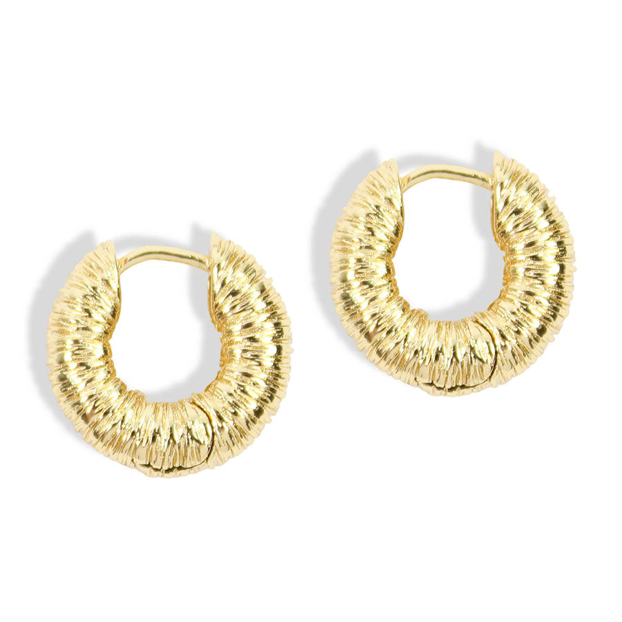 Haper Gold Huggie Earrings featuring chunky gold-tone hoops with a textured, crinkled finish by Bourbon and Boweties.
