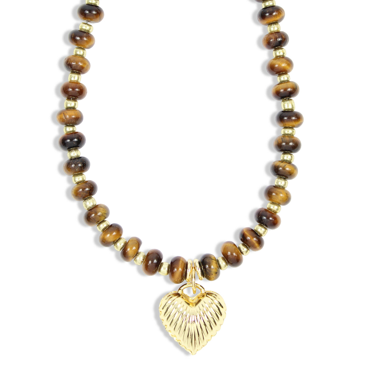 A beaded necklace featuring polished brown and black tiger's eye beads separated by small gold spacer beads, with a textured gold heart-shaped pendant at the center, shown against a plain white background.