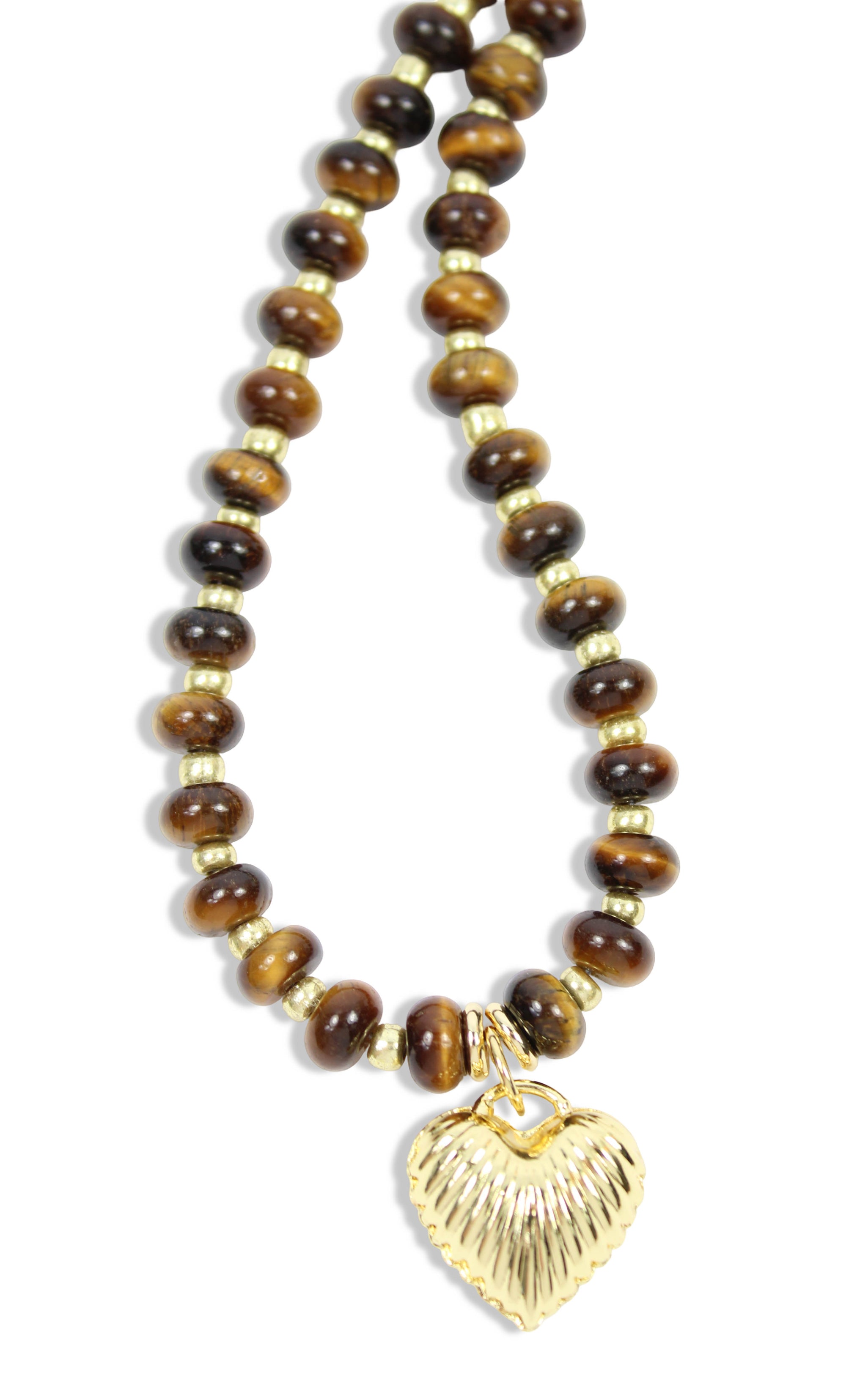 Goldie tiger’s eye beaded necklace with gold accents and textured gold heart charm