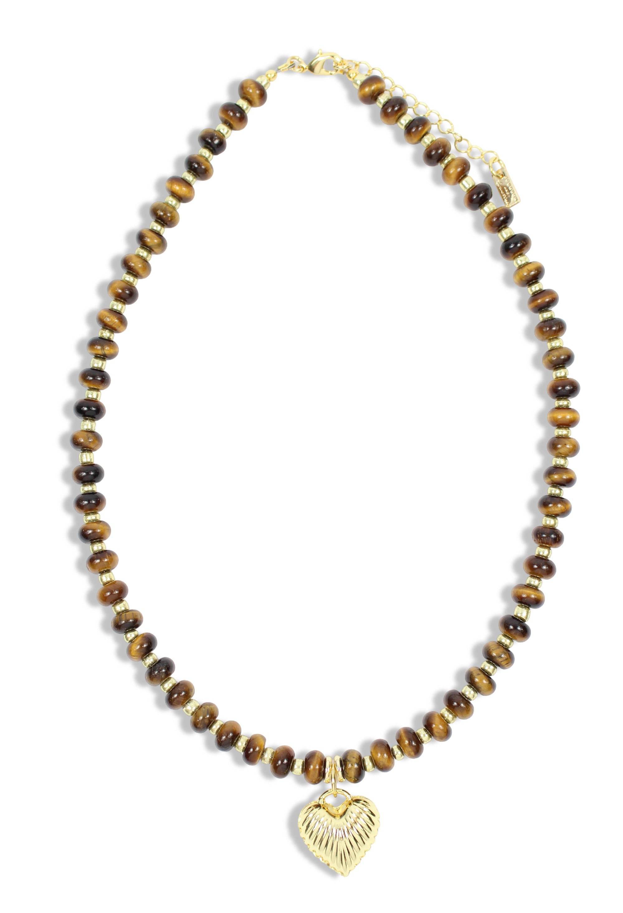 Sienna tiger’s eye beaded necklace with gold accents and textured gold heart charm