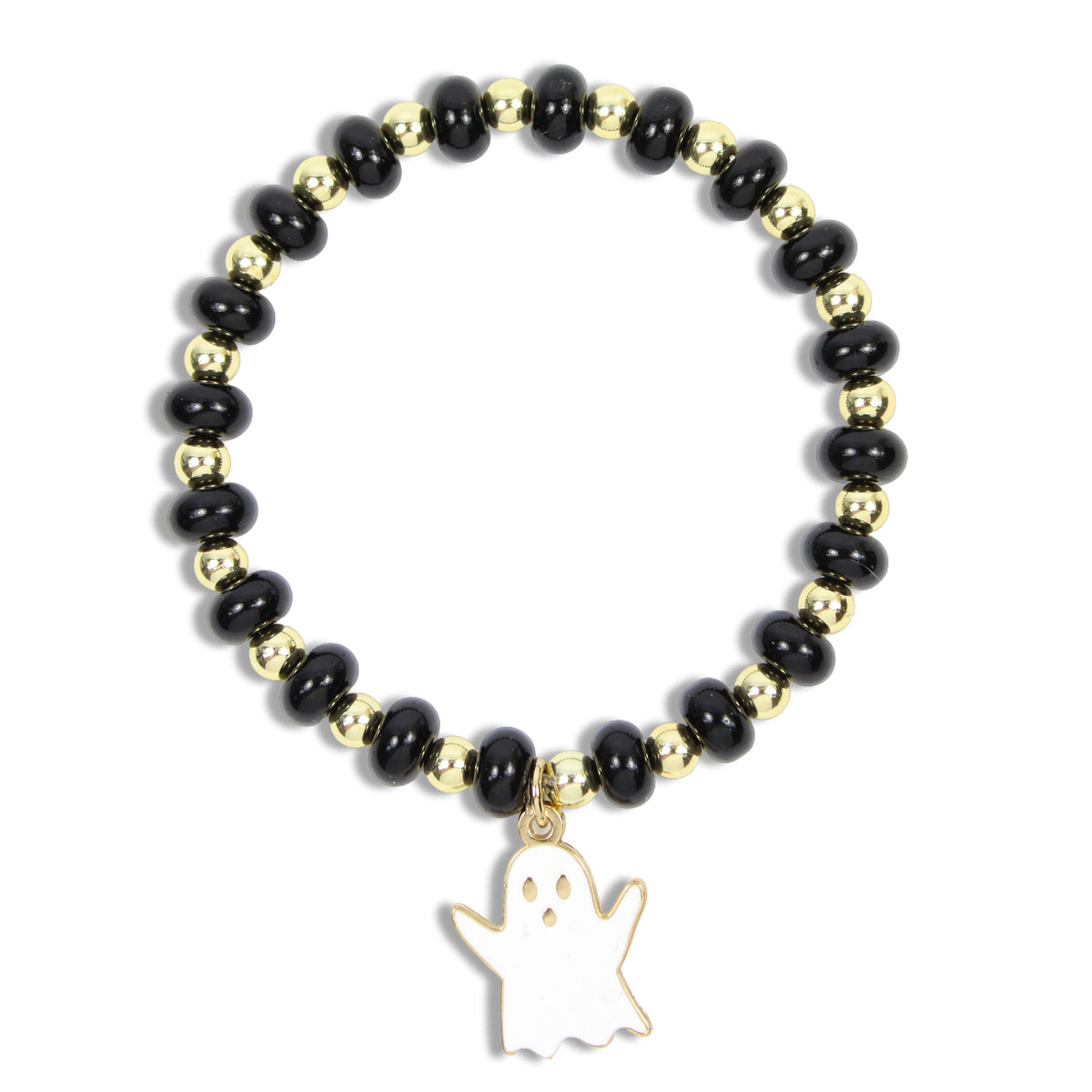 A beaded stretch bracelet featuring glossy black round beads alternating with shiny gold metallic beads, with a white ghost-shaped charm outlined in gold at the bottom, shown on a plain white background.