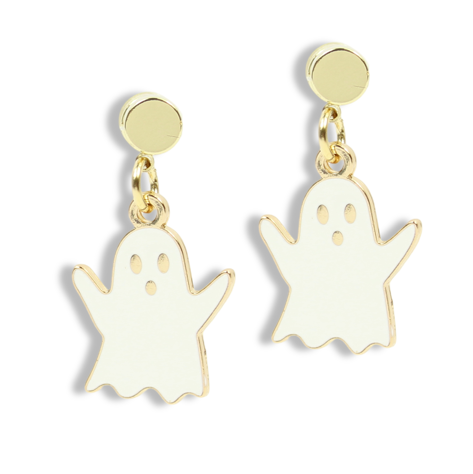 A pair of gold and white enamel ghost drop earrings on a clean white background.
