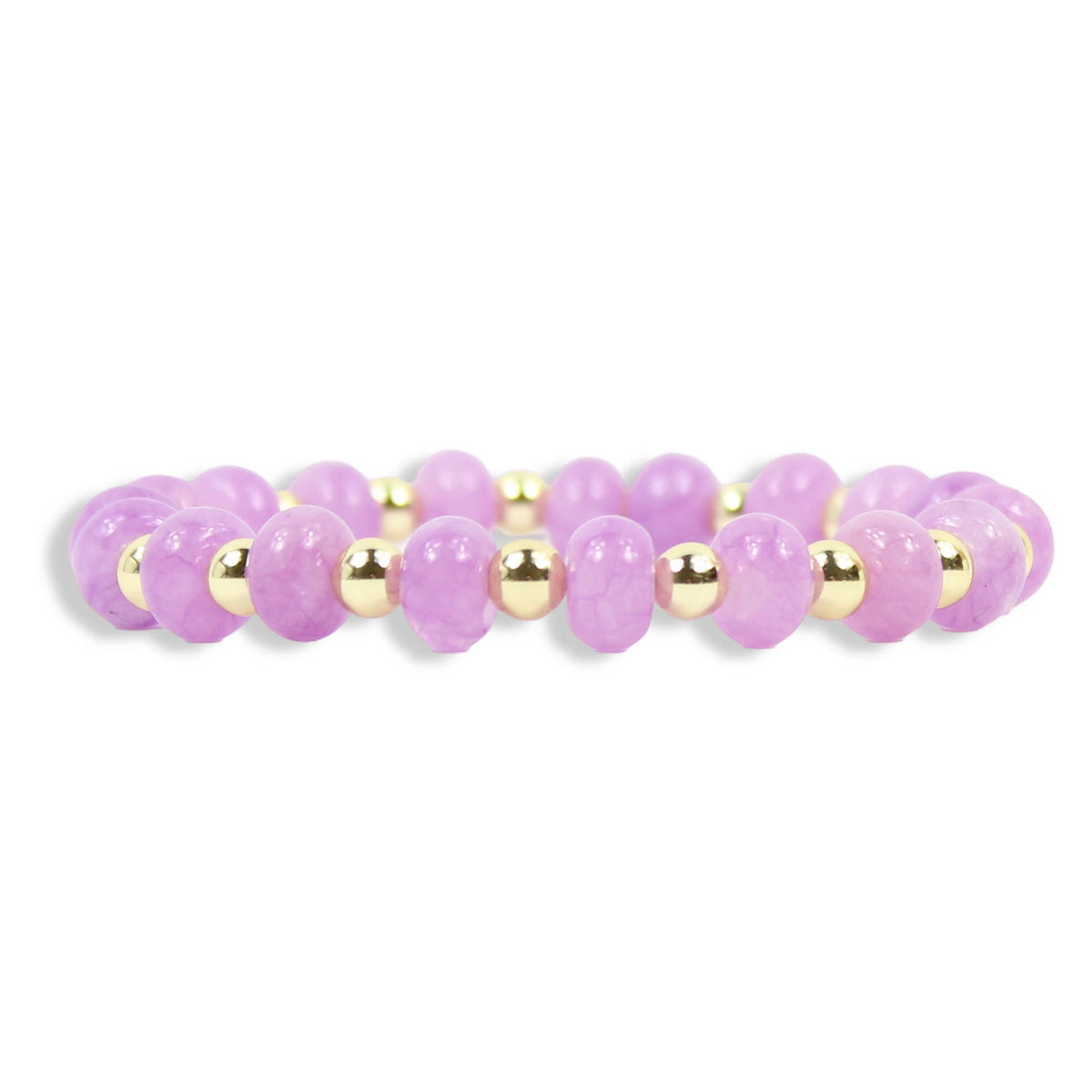 Annie Lavender Stretch Bracelet featuring round lavender purple beads and gold accents by Bourbon and Boweties.