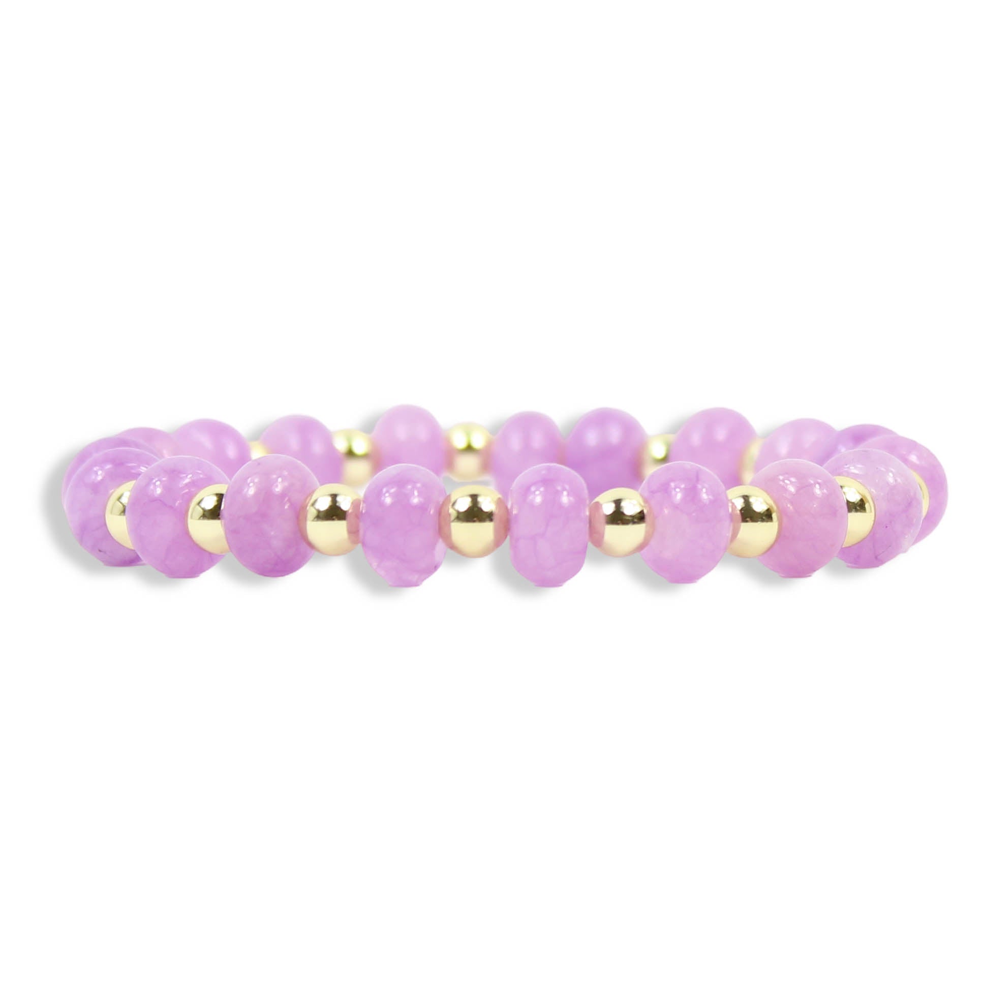 Annie Lavender Stretch Bracelet featuring round lavender purple beads and gold accents by Bourbon and Boweties.