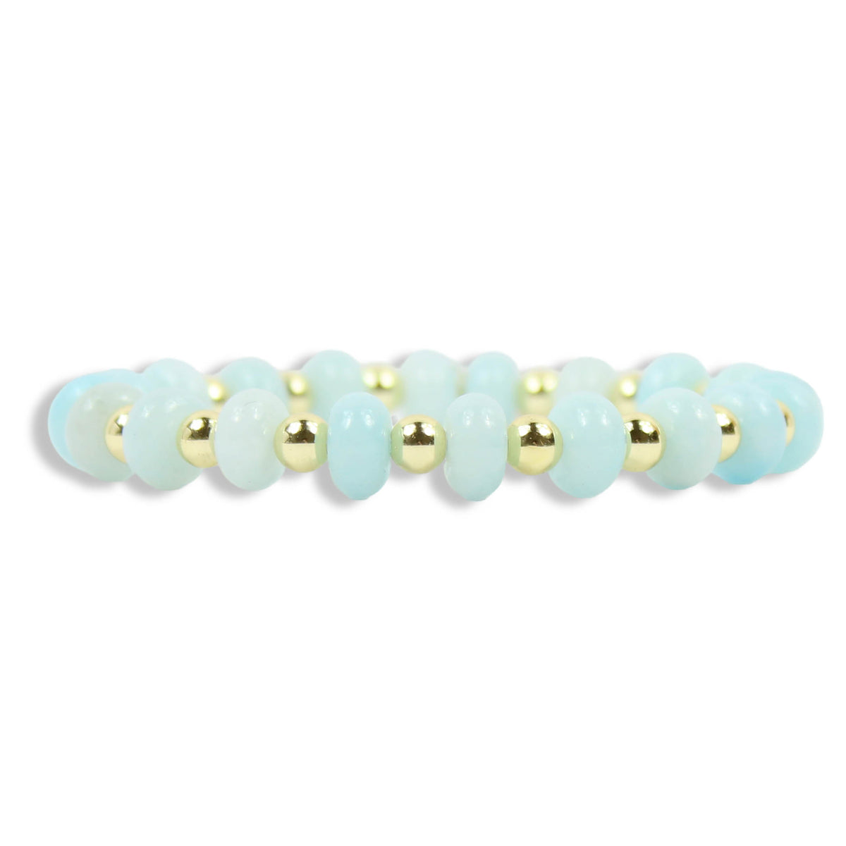 Annie Glacier Blue Stretch Bracelet featuring icy blue disc beads and gold accents by Bourbon and Boweties.