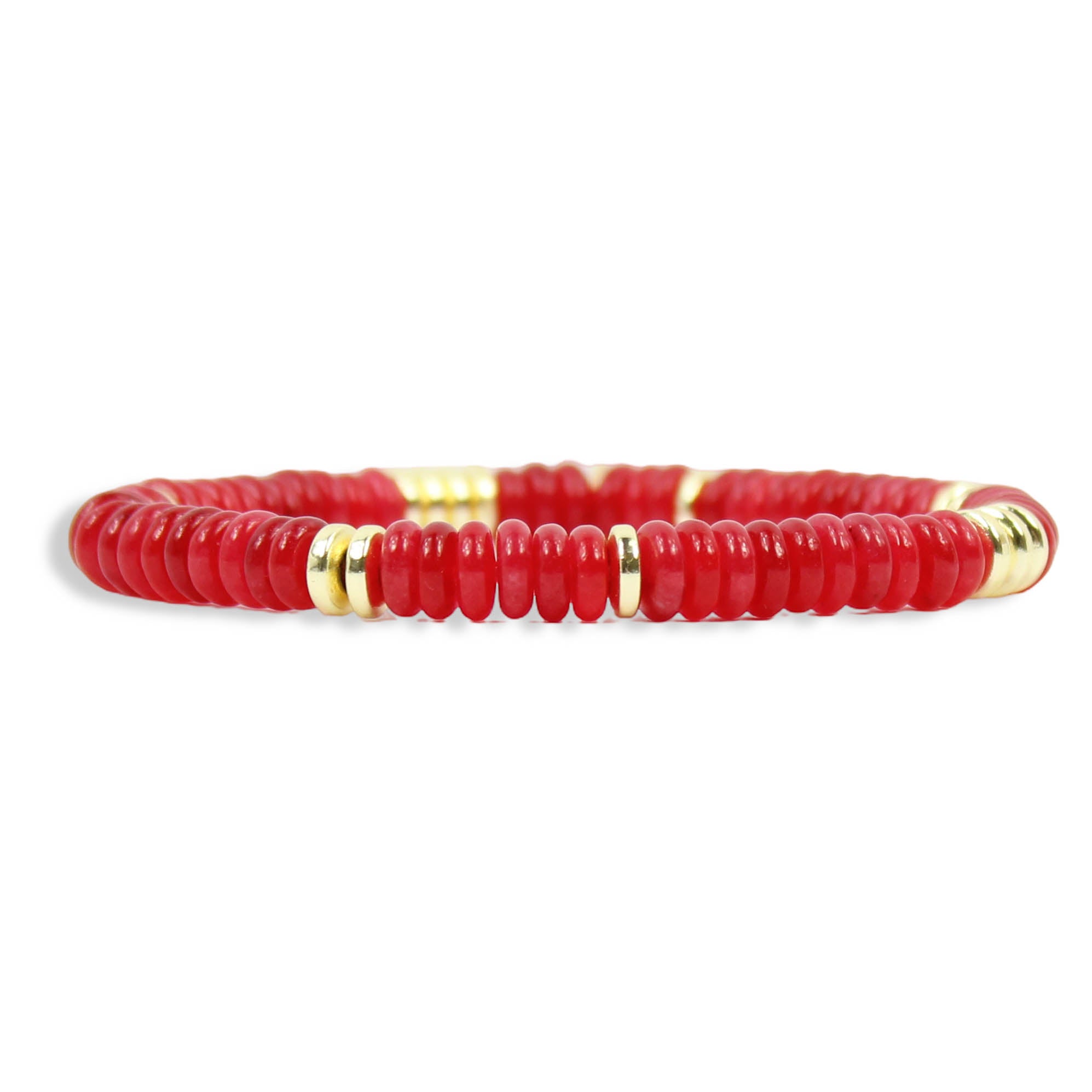 Annie Cardinal Red Slice Stretch Bracelet featuring vibrant red disc beads and gold accents by Bourbon and Boweties.