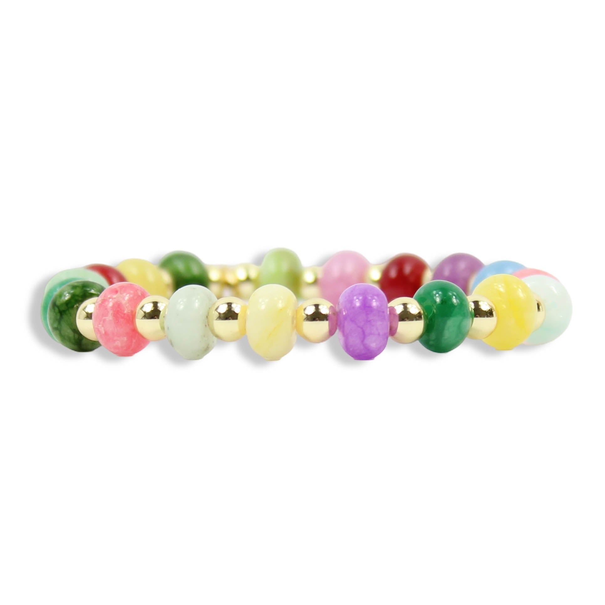 Annie Color Pop Stretch Bracelet featuring multicolored disc beads in pink, green, purple, red, and blue with gold accents by Bourbon and Boweties.