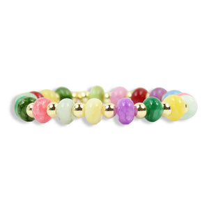 Annie Color Pop Stretch Bracelet featuring multicolored disc beads in pink, green, purple, red, and blue with gold accents by Bourbon and Boweties.