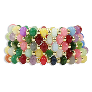Annie Color Pop Stretch Bracelet featuring multicolored disc beads in pink, green, purple, red, and blue with gold accents by Bourbon and Boweties.