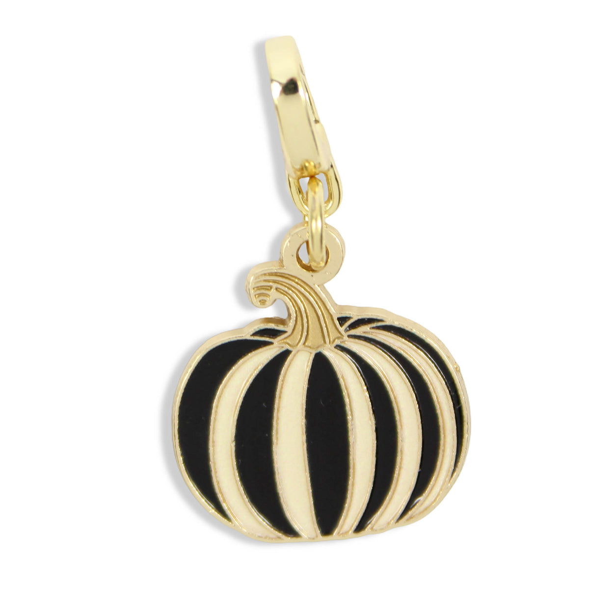 A gold-plated pumpkin charm pendant with black enamel stripes, shown on a clean white background.