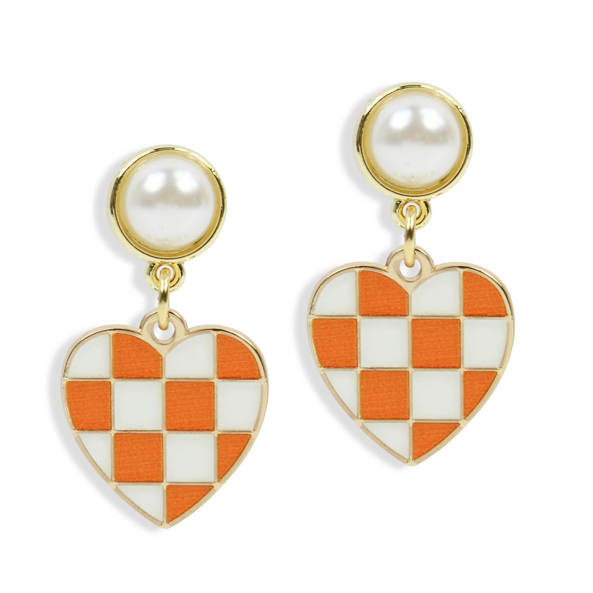 Orange and white checkered heart drop earrings with pearl stud tops and gold accents by Bourbon and Boweties.