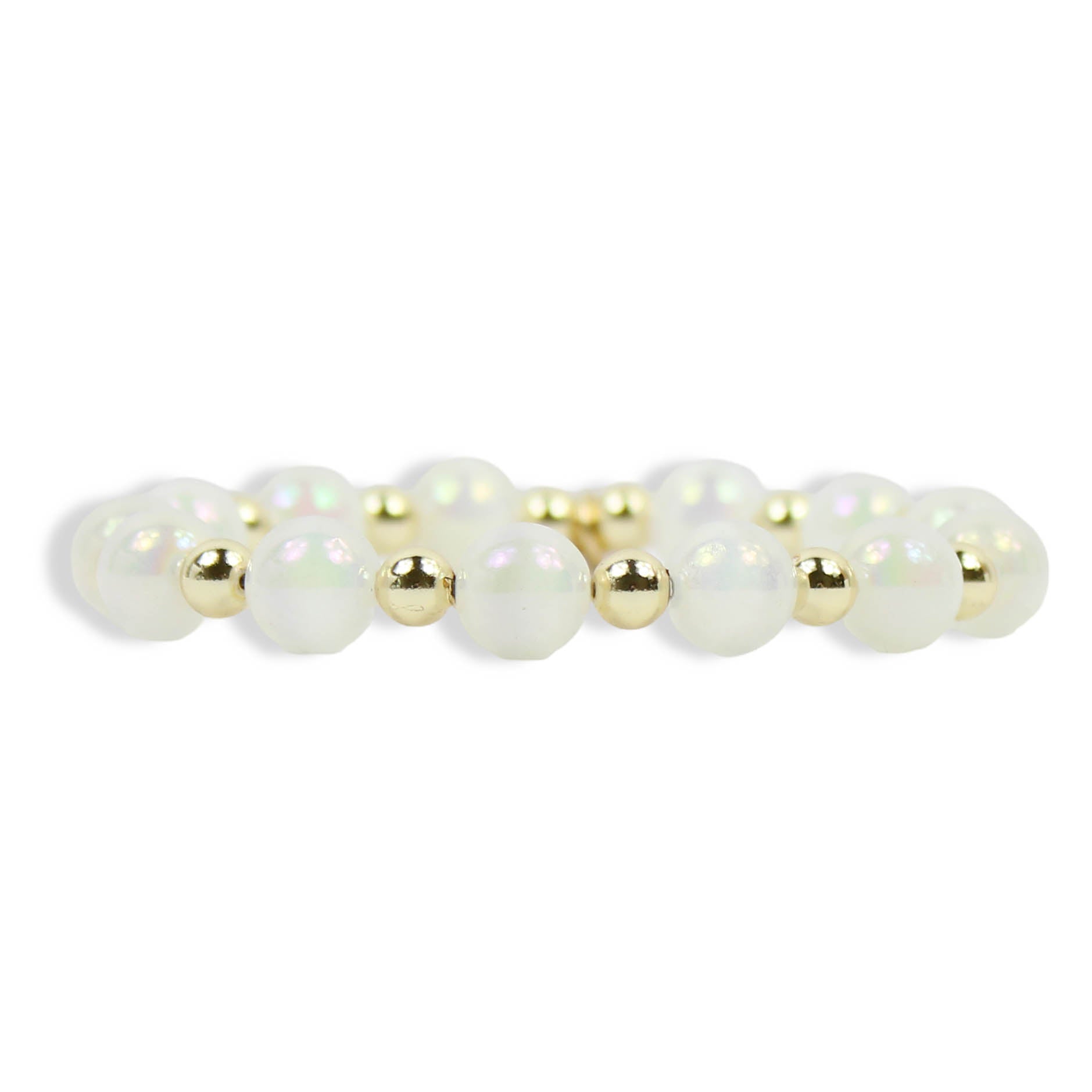 Annie Opal Stretch Bracelet with iridescent white opal-style beads, polished gold spacer beads, and signature gold tag by Bourbon and Boweties