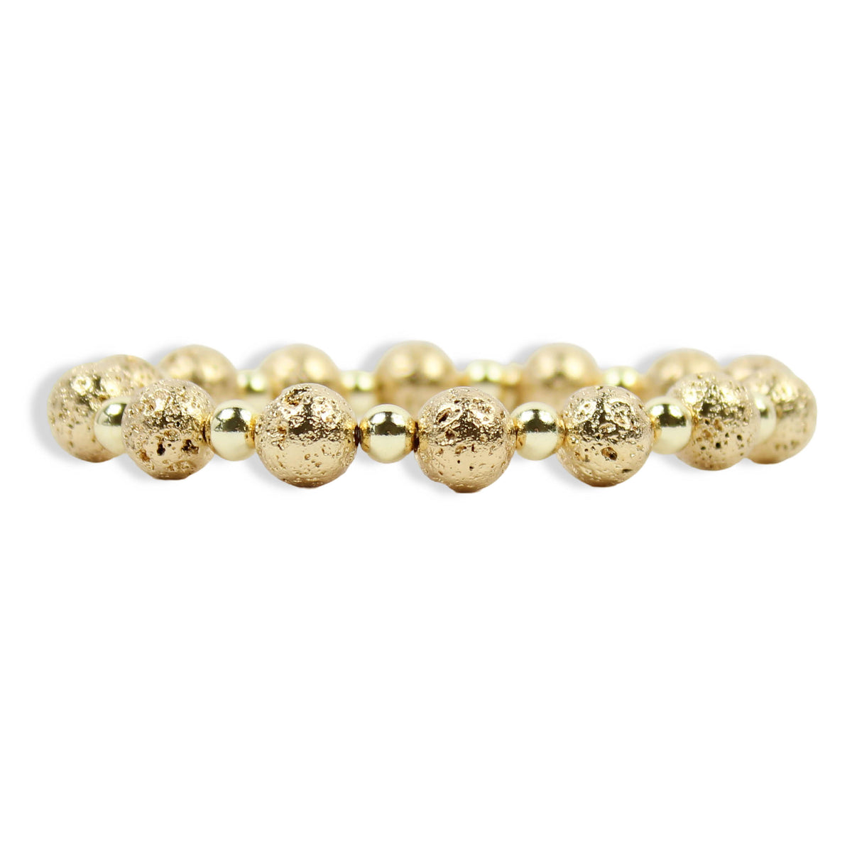 Annie Gold Lava Stretch Bracelet featuring textured gold lava beads, polished gold spacer beads, and signature gold tag by Bourbon and Boweties