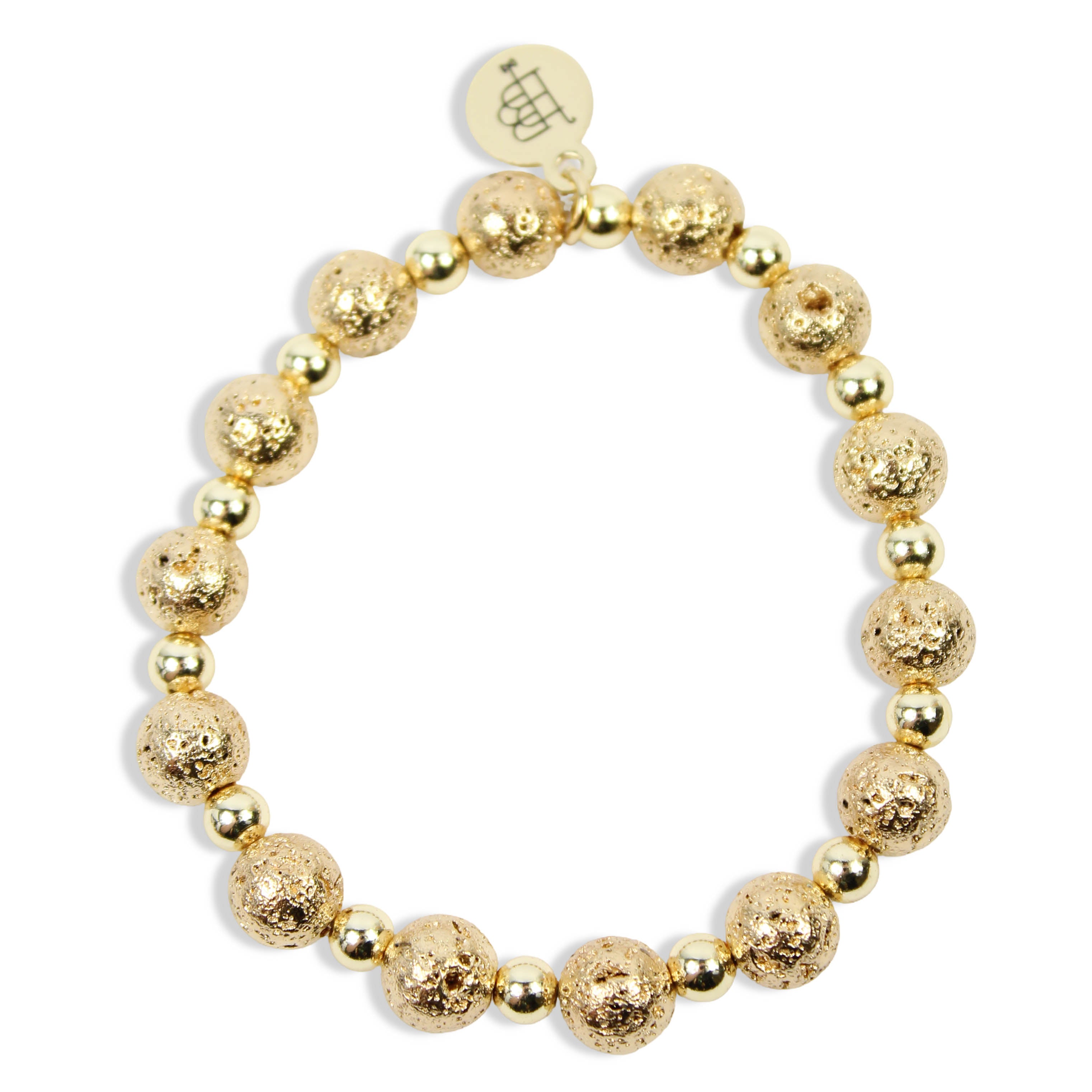 Annie Gold Lava Stretch Bracelet featuring textured gold lava beads, polished gold spacer beads, and signature gold tag by Bourbon and Boweties