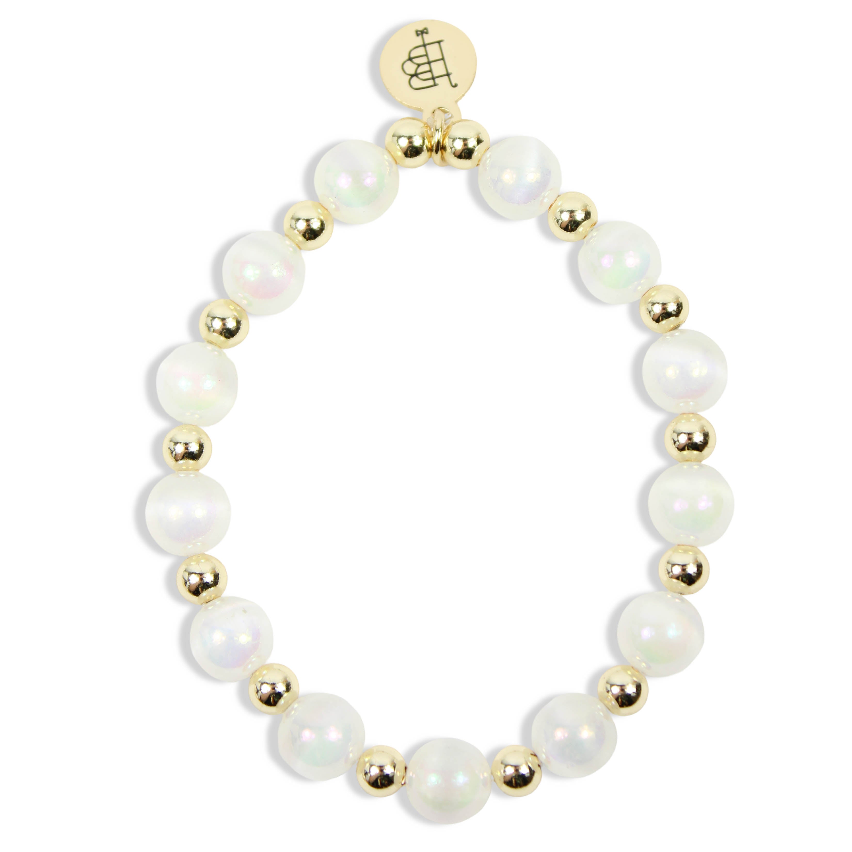 Annie Opal Stretch Bracelet with iridescent white opal-style beads, polished gold spacer beads, and signature gold tag by Bourbon and Boweties