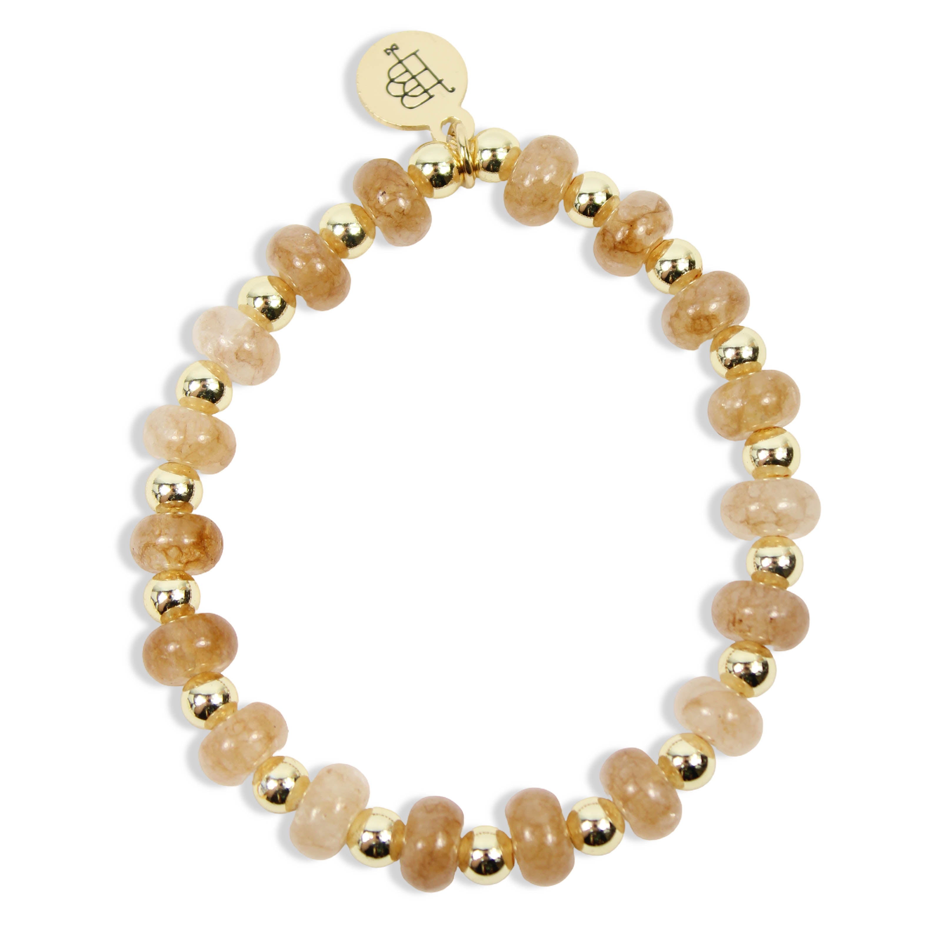 Annie Toasted Stretch Bracelet with caramel and champagne cat's eye beads, polished gold spacer beads, and signature gold tag by Bourbon and Boweties