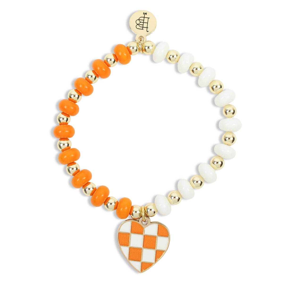 Orange and white beaded stretch bracelet with gold accents and an orange and white checkered heart charm by Bourbon and Boweties.
