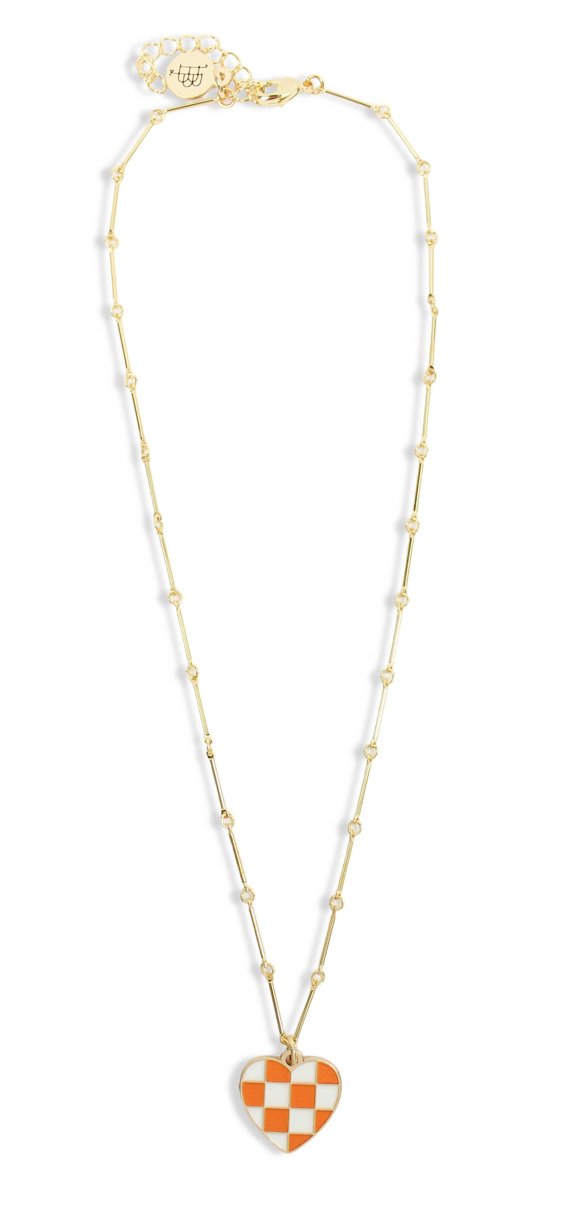 Dainty gold chain necklace featuring an orange and white checkered heart pendant by Bourbon and Boweties.