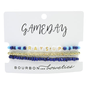 Tampa Bay Rays Up! three-piece stretch bracelet stack featuring blue and gold beads and RAYS UP letter charms by Bourbon and Boweties.