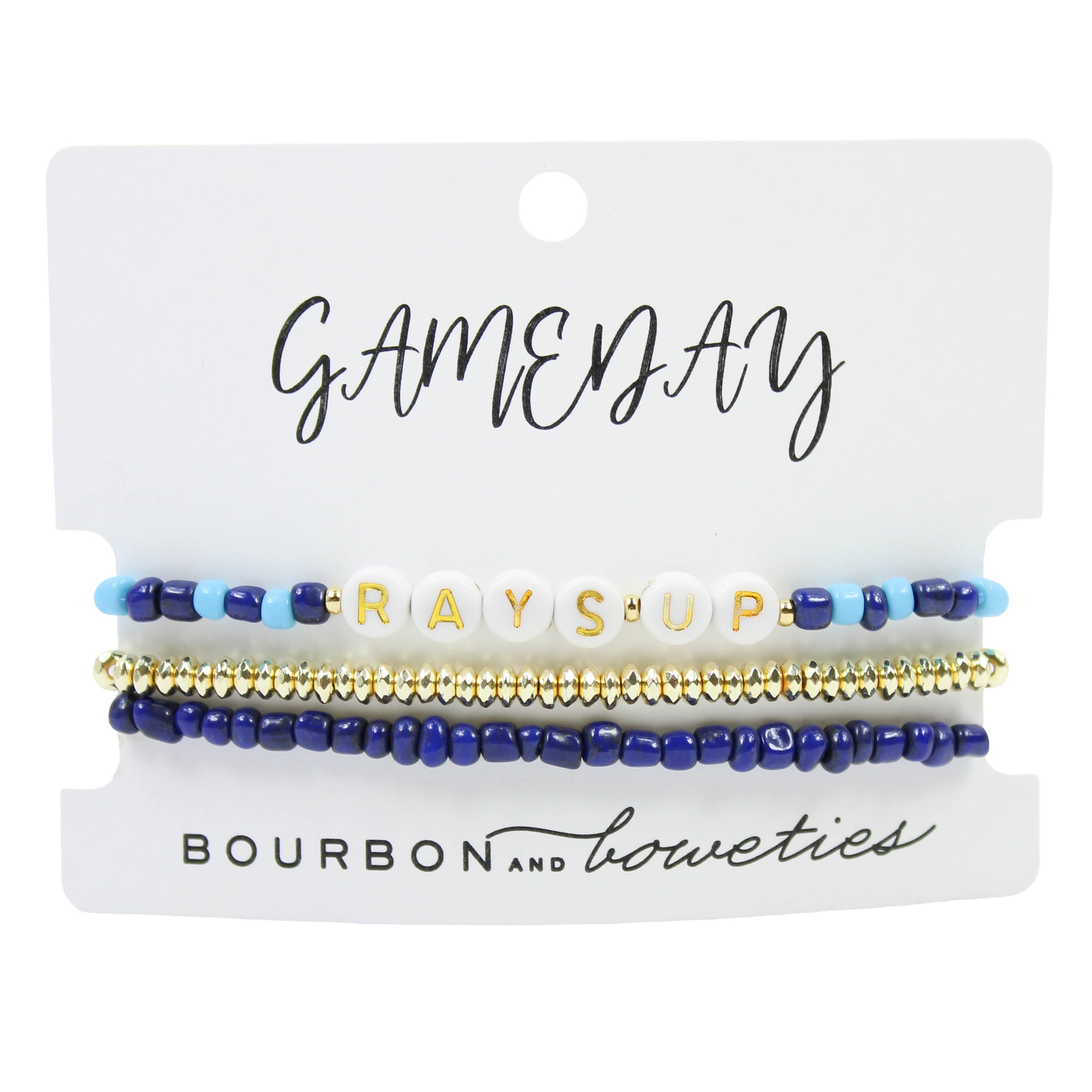 Tampa Bay Rays Up! three-piece stretch bracelet stack featuring blue and gold beads and RAYS UP letter charms by Bourbon and Boweties.