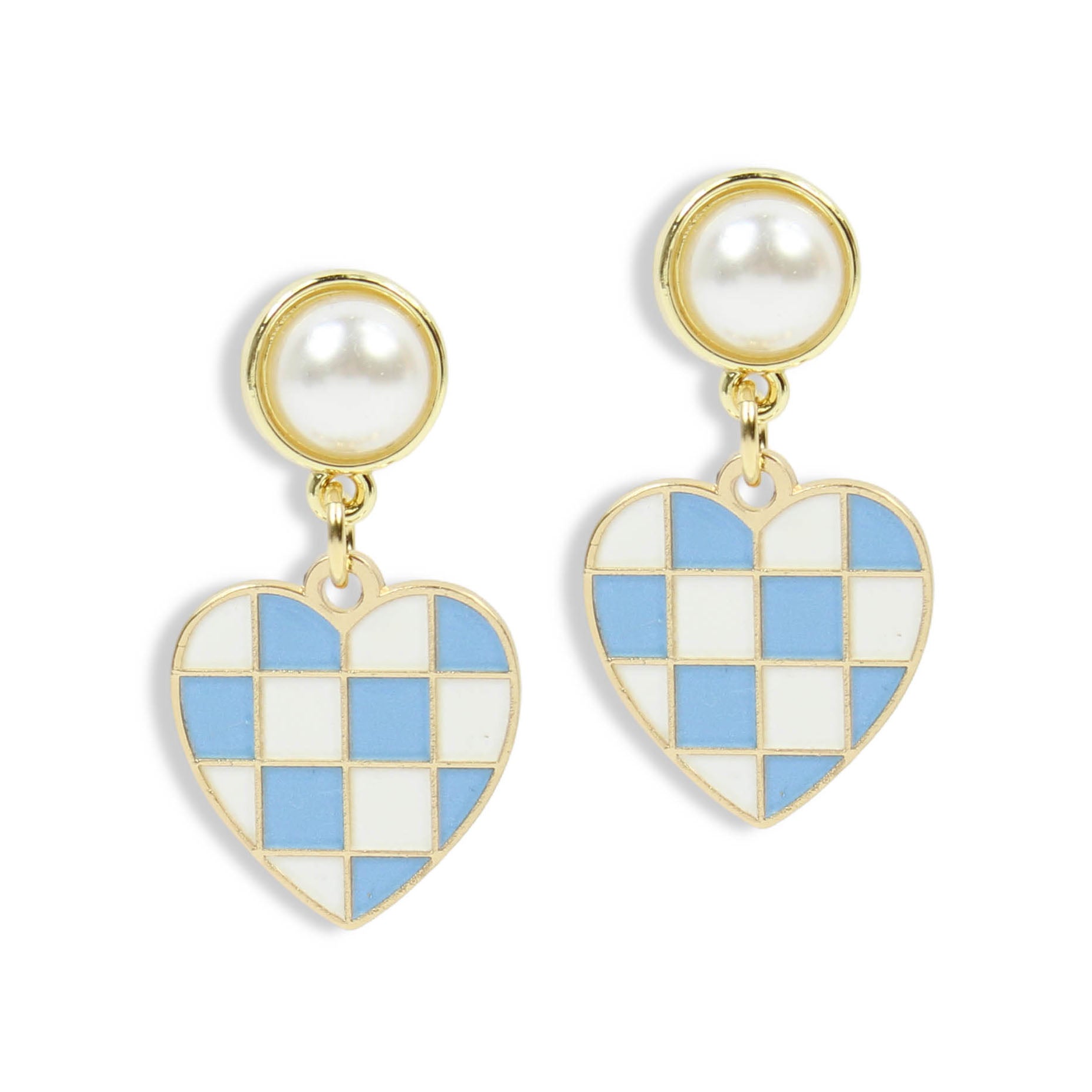 Checkered Heart Earring Pearl Top | Light Blue + White