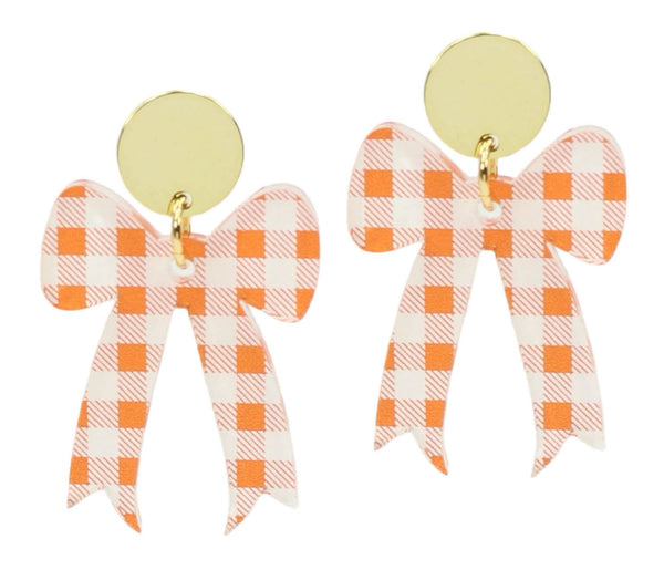 Gameday Bow Earring - Orange + White Checkered
